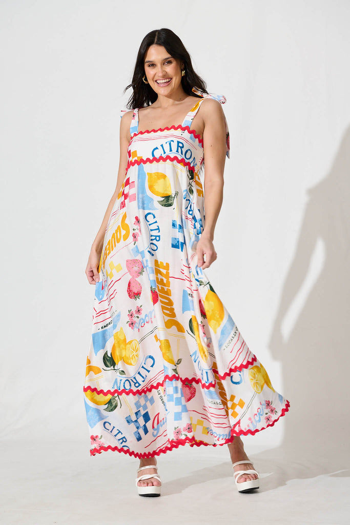 Somerset Maxi Sundress In White Lemon Print Ric Rac Trim