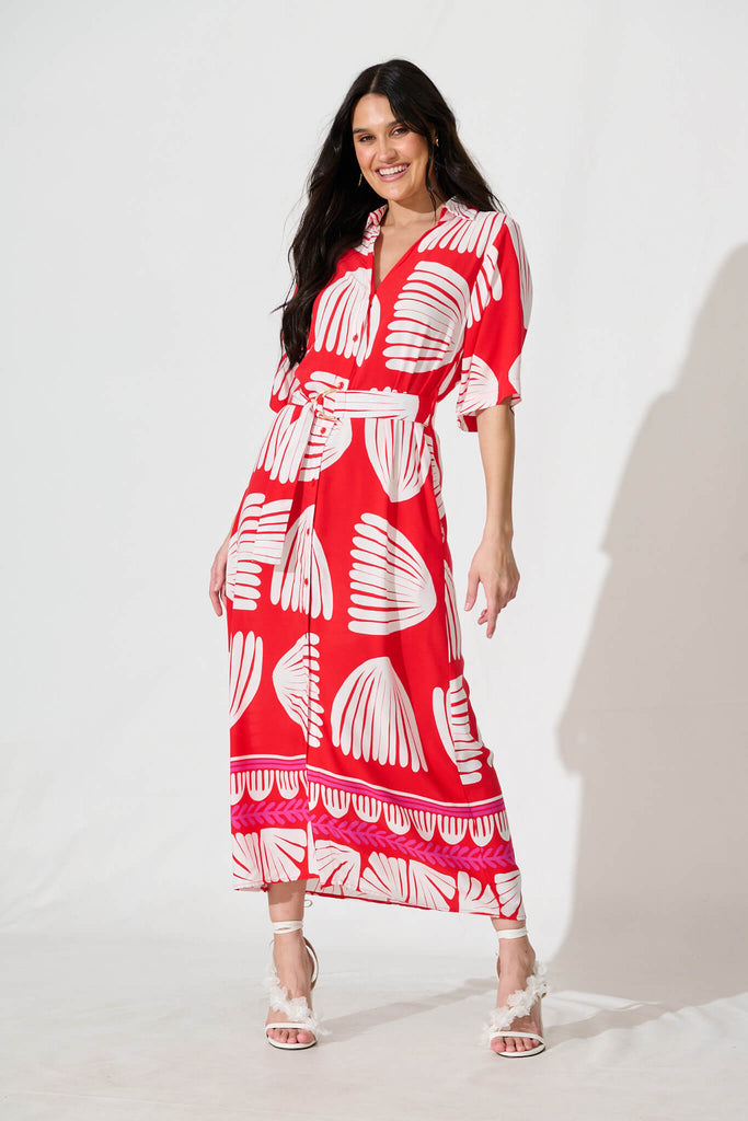 Satori Midi Shirt Dress in Red with White Print