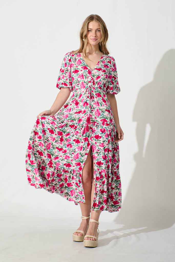 Aleah Maxi Dress in White with Pink and Green Floral