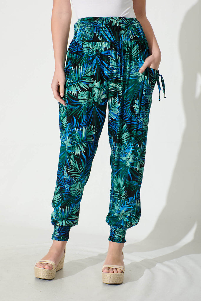 Gabby Lounge Pants in Multi Blue Leaf Print