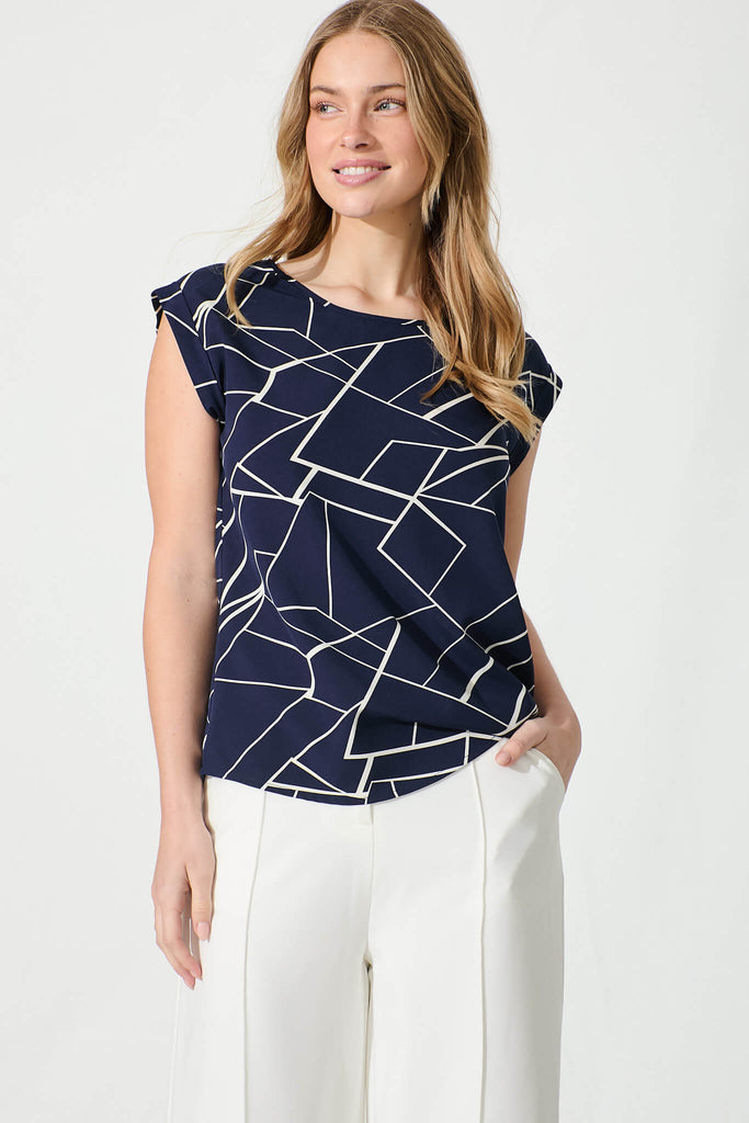 Rejina Top in Navy with White Print