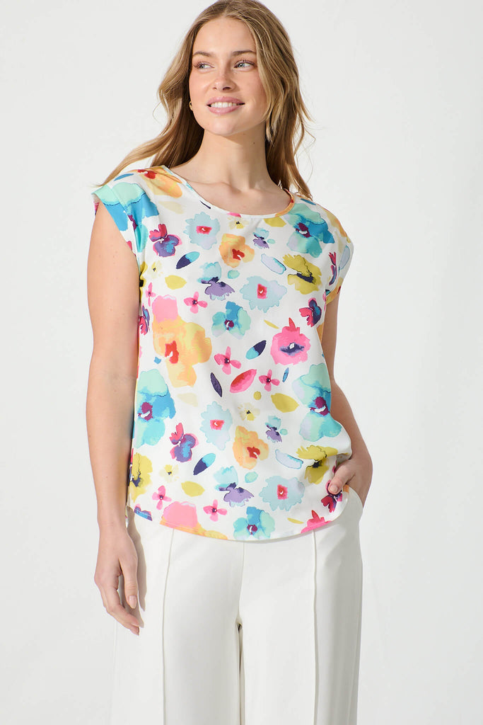 Rejina Top in White with Multi Floral Print