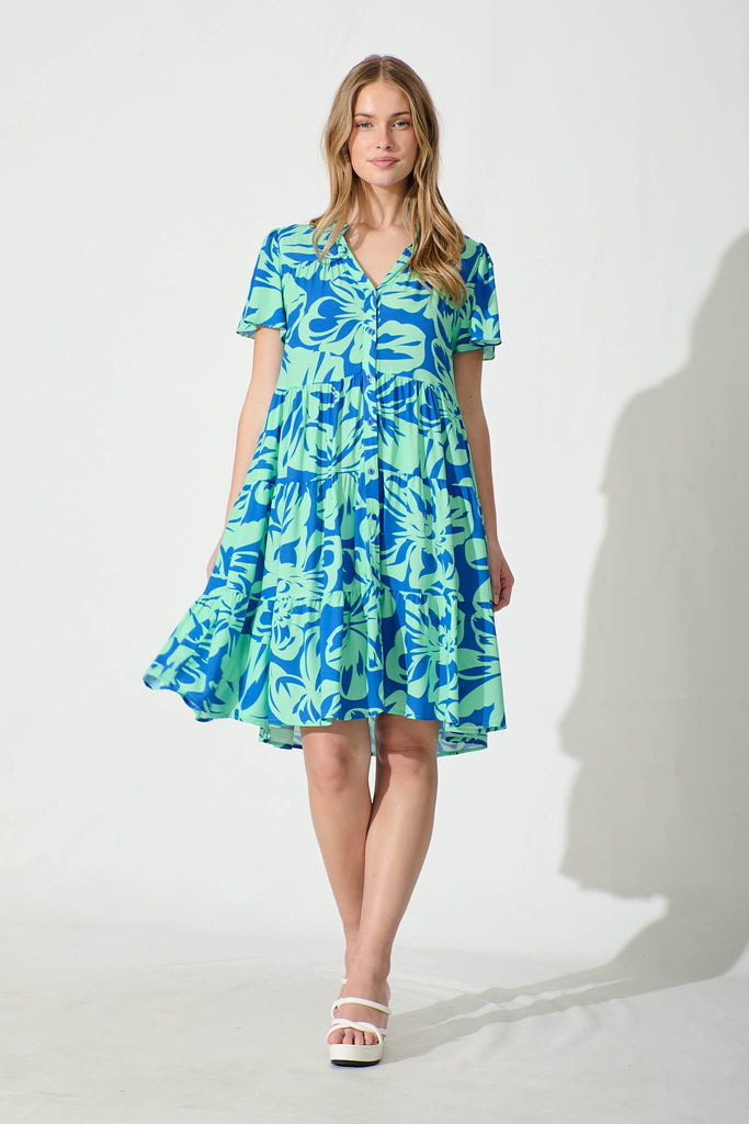 Saldana Smock Dress in Blue and Green Floral Print