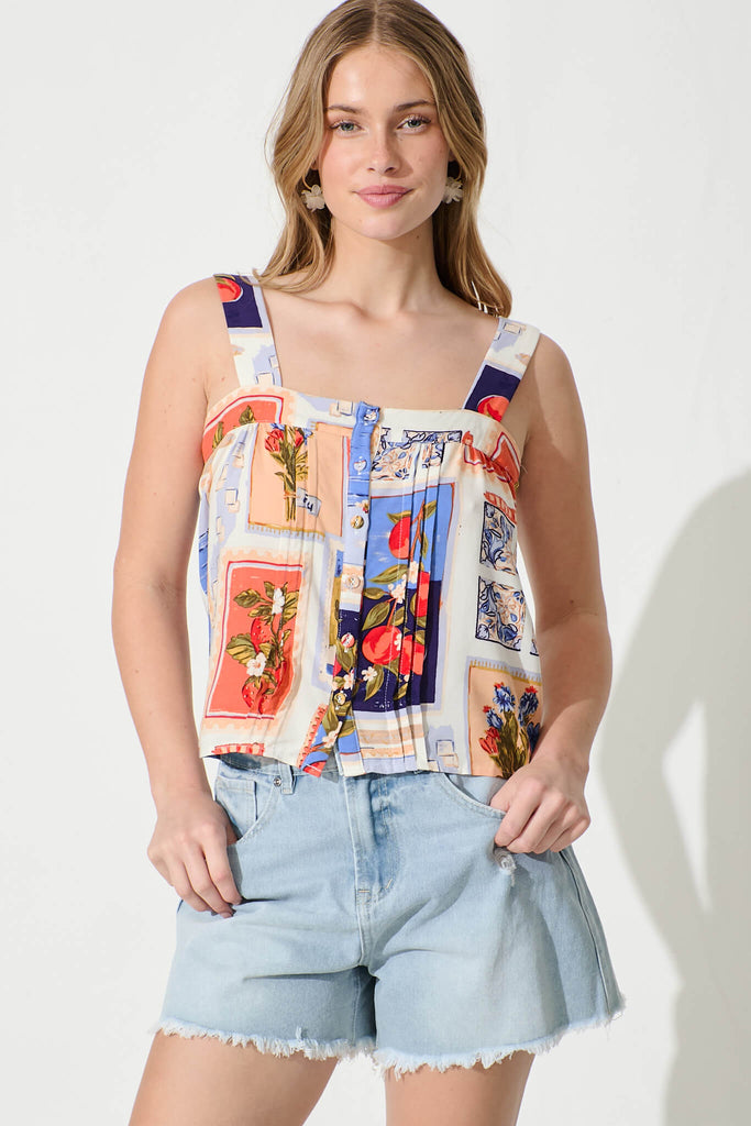 Liliana Cami Top In White Multi Postcard Print