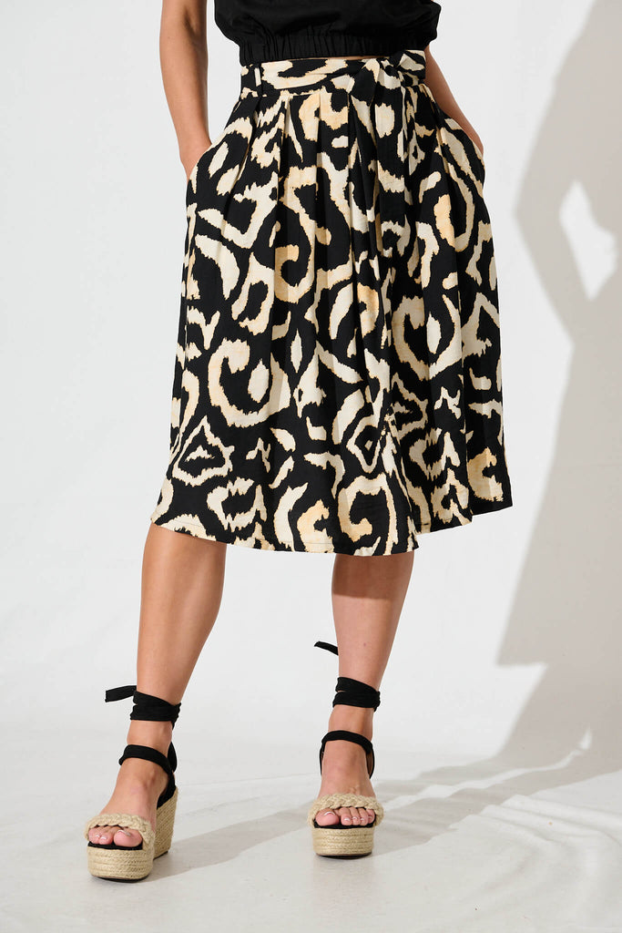 Bailey Midi Skirt In Black With Cream Abstract