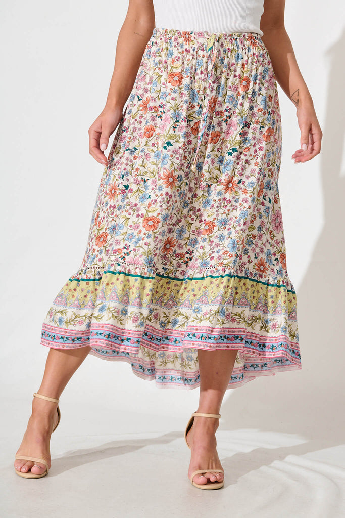 Malibu Maxi Skirt in White with Multi Floral Border Print