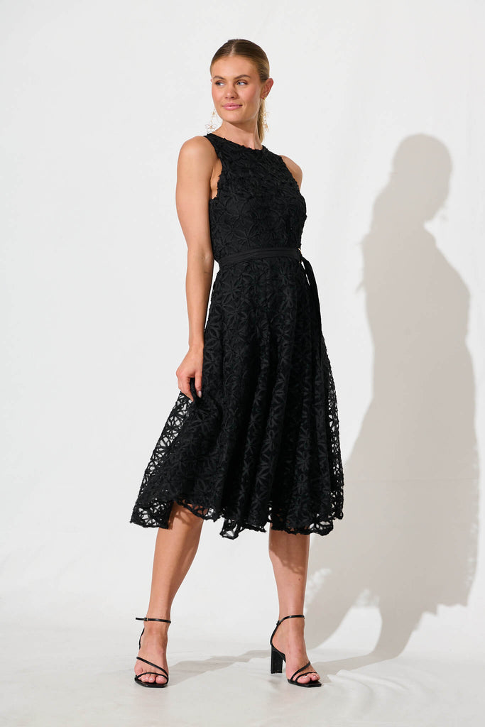 Osment Midi Dress In Black Floral Embroidered Tulle