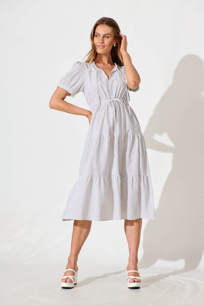 Micah Midi Dress in Black and White Stripe Cotton Blend