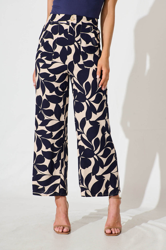 Missoula Pant In Navy with Cream Leaf