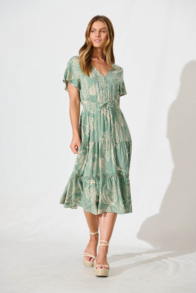 Laconia Dress In Khaki Print with Ric Rac Trim