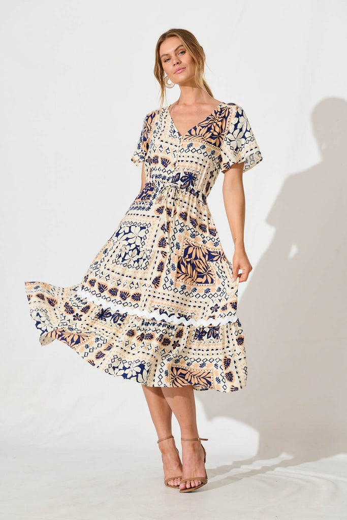 Laconia Dress in Cream and Navy Patchwork with Ric Rac Trim