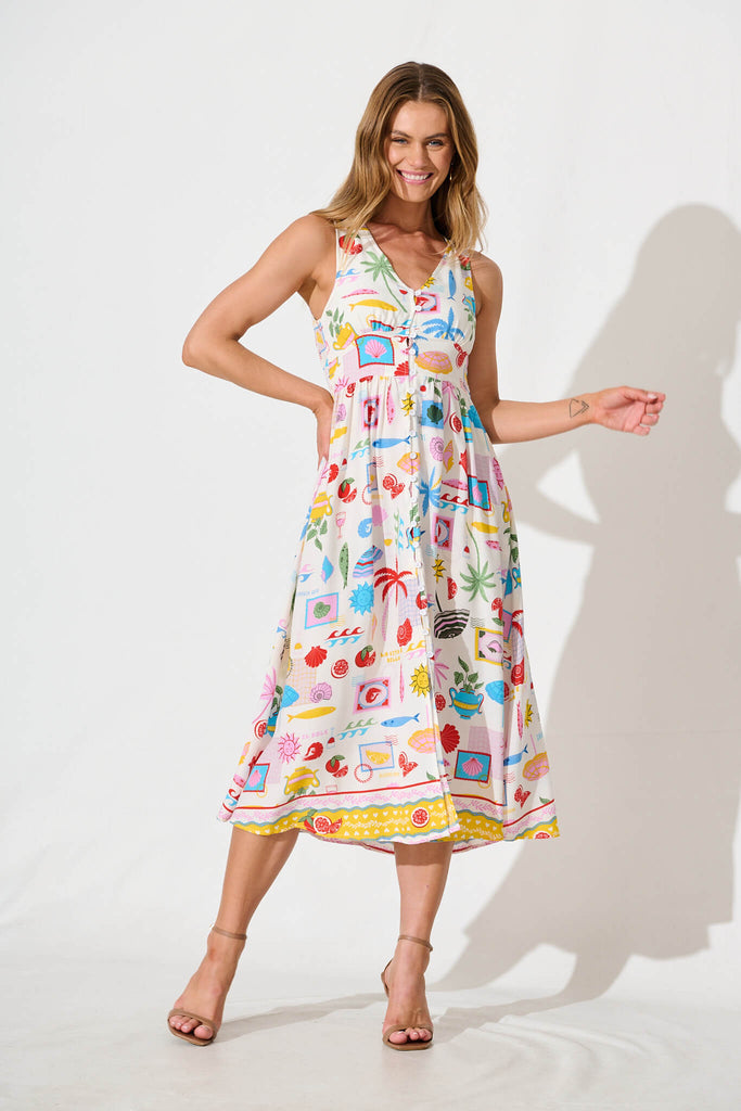 Ryland Midi Dress in White with Multi Conversational Print