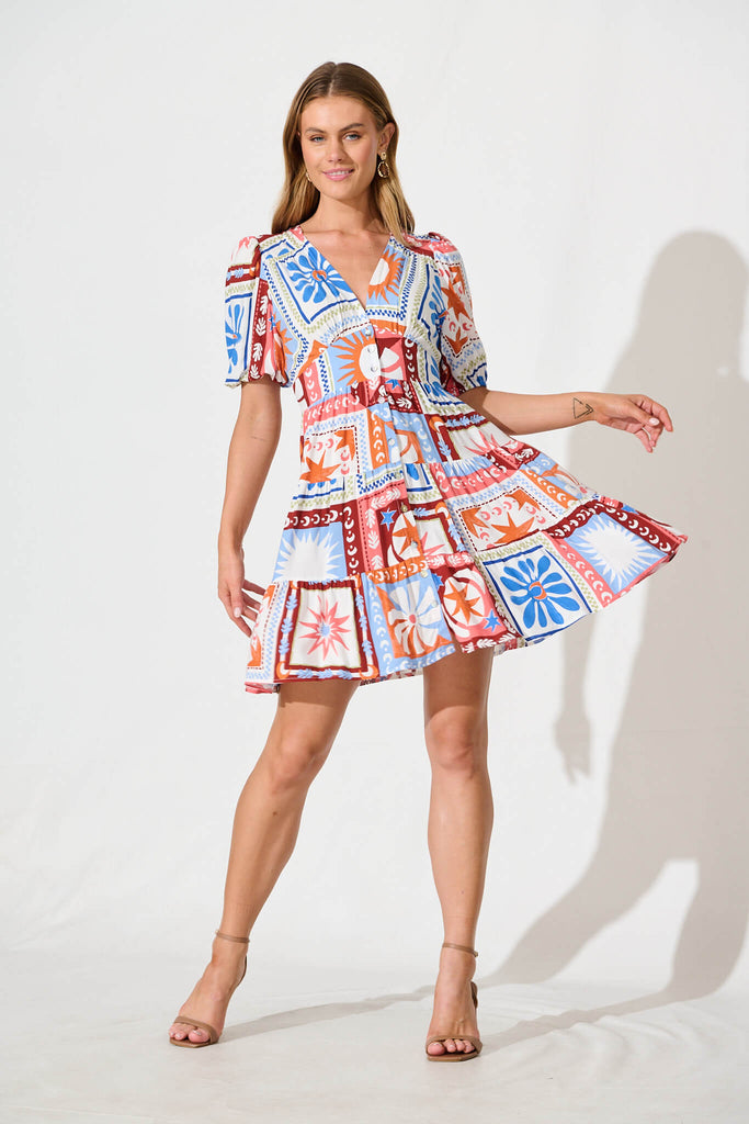 Lazio Dress in White Multi Patchwork Print