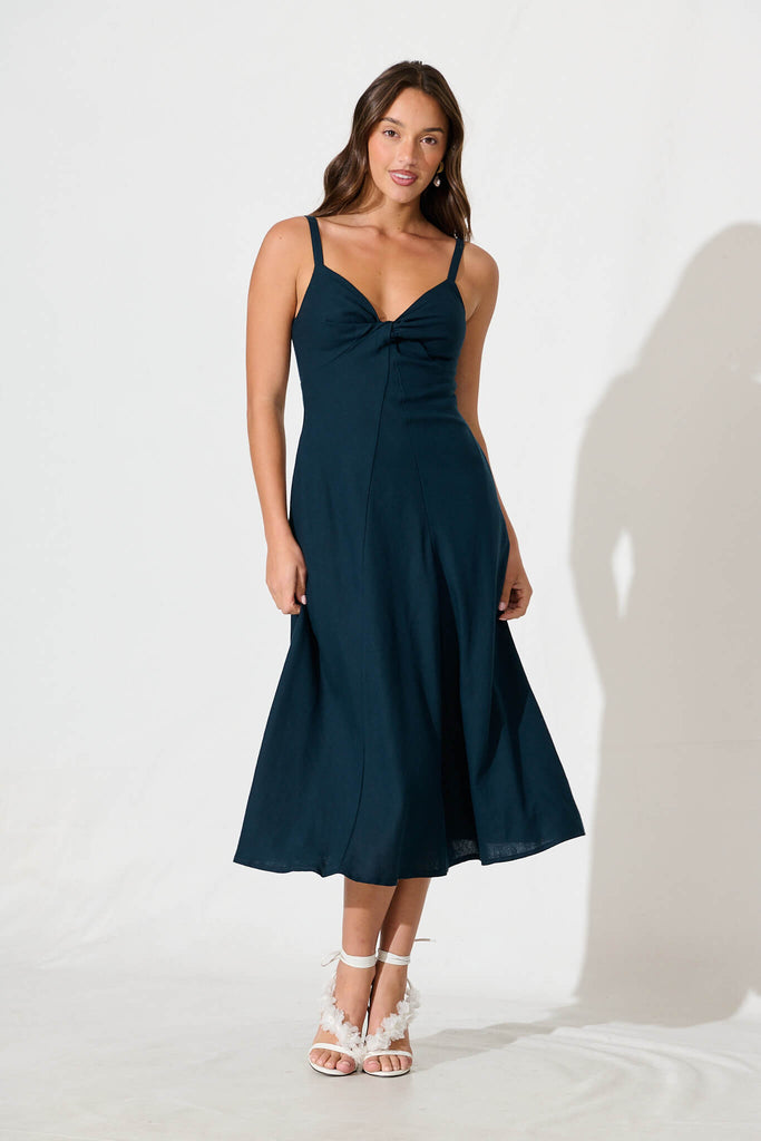 Roselani Midi Sundress in Navy Cotton Linen Blend