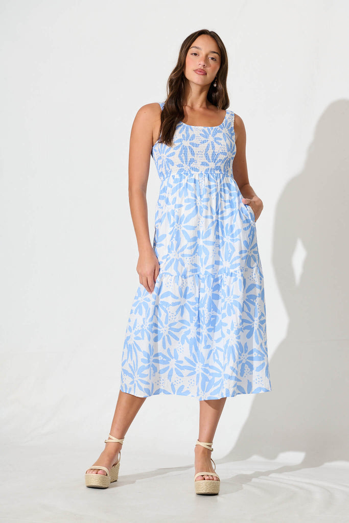 Caribbean Midi Dress In White with Blue Flower