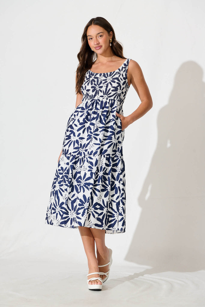 Caribbean Midi Dress In White with Navy Flower