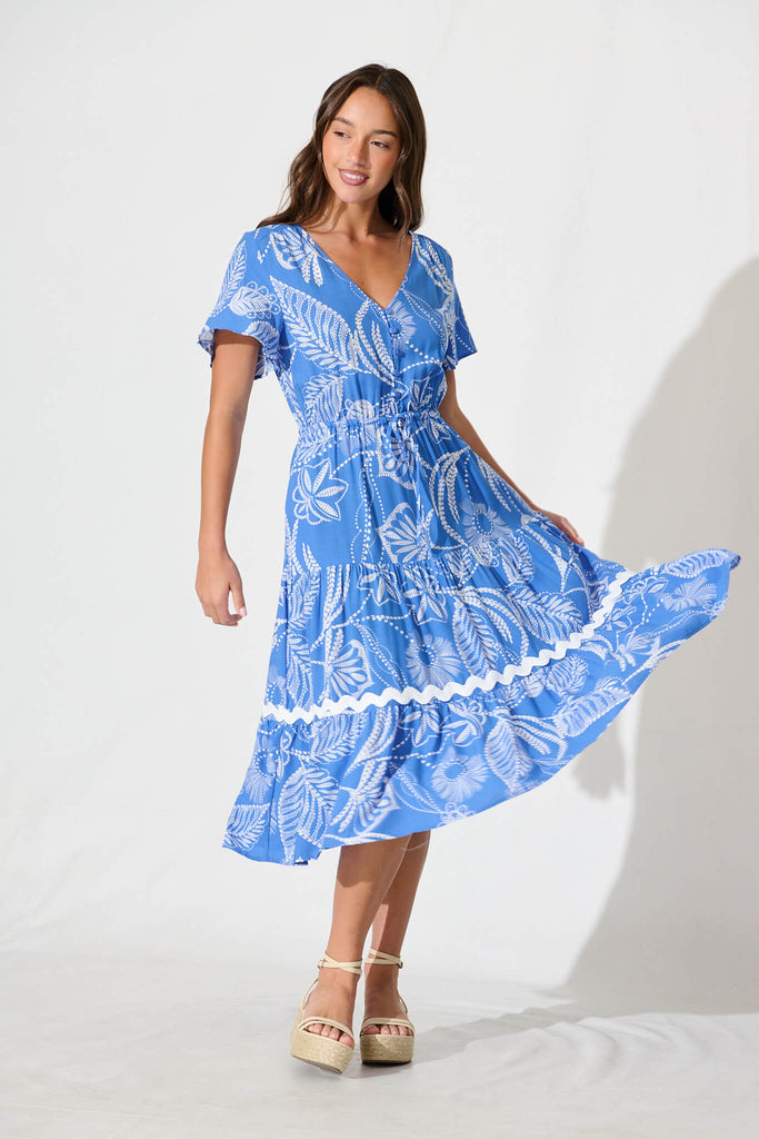 Laconia Dress In Blue Print with Ric Rac Trim