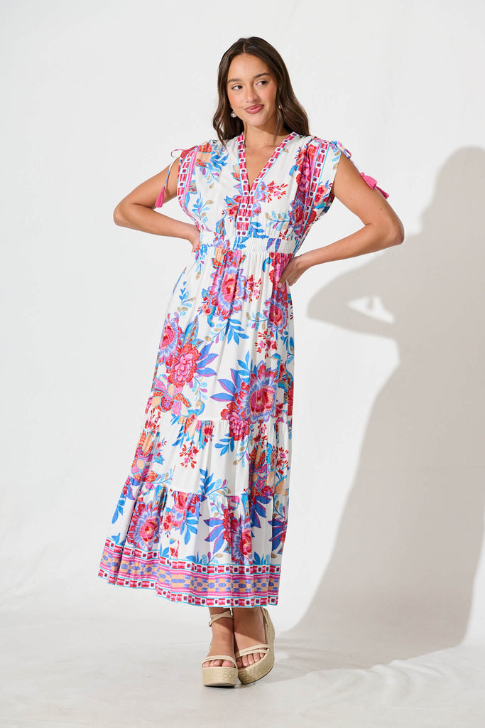 Olina Maxi Dress In Pink Floral Border Print