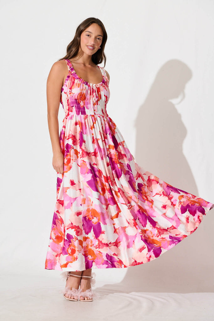 Valentina Maxi Sundress in White With Pink Multi Floral