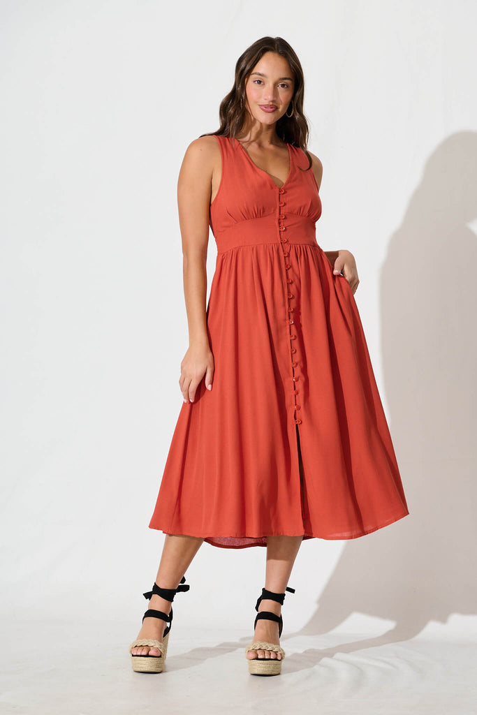 Ryland Midi Dress in Rust Linen Cotton