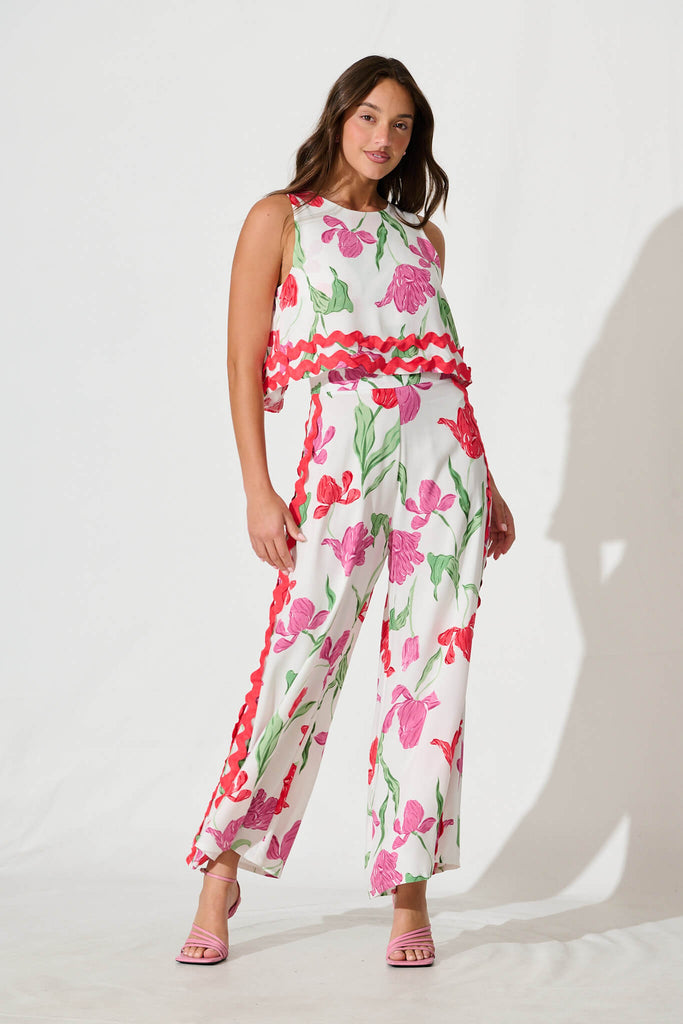 Sandbar Jumpsuit in White with Red and Purple Flower