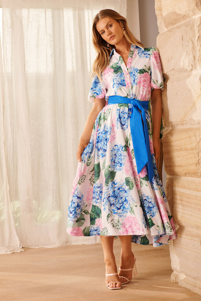 Marella Maxi Shirt Dress In Blue and Pink Floral Linen Blend