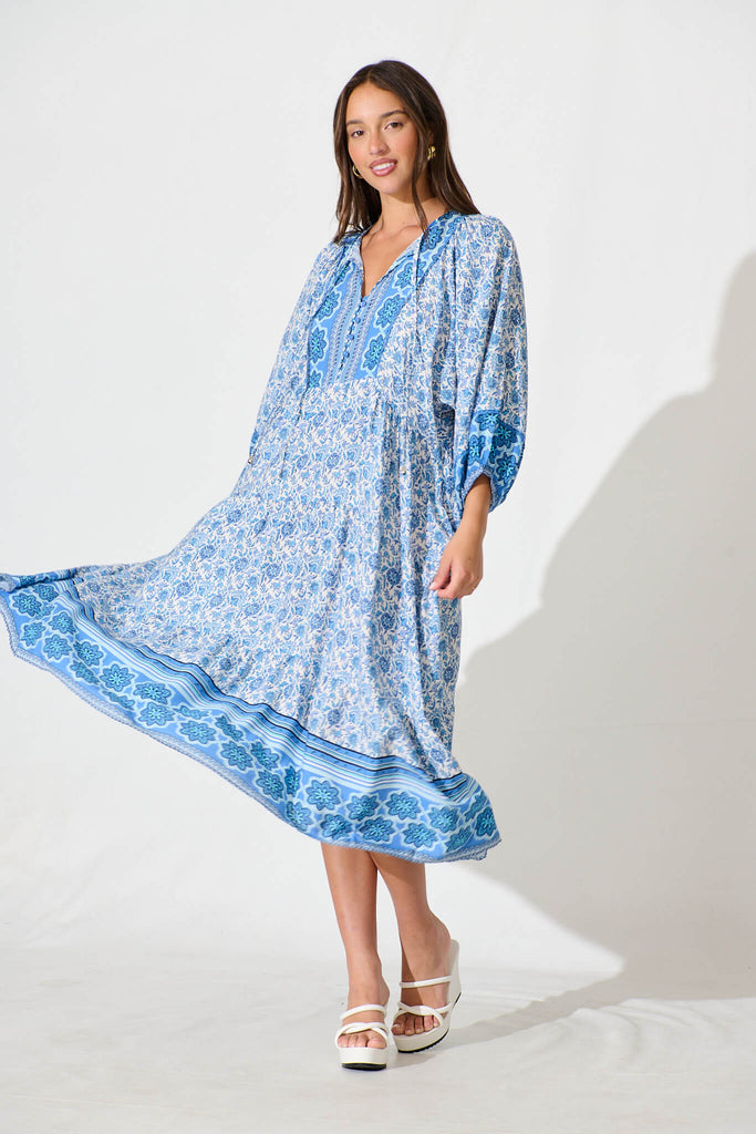 Barrymore Midi Smock Dress in Blue and White Print