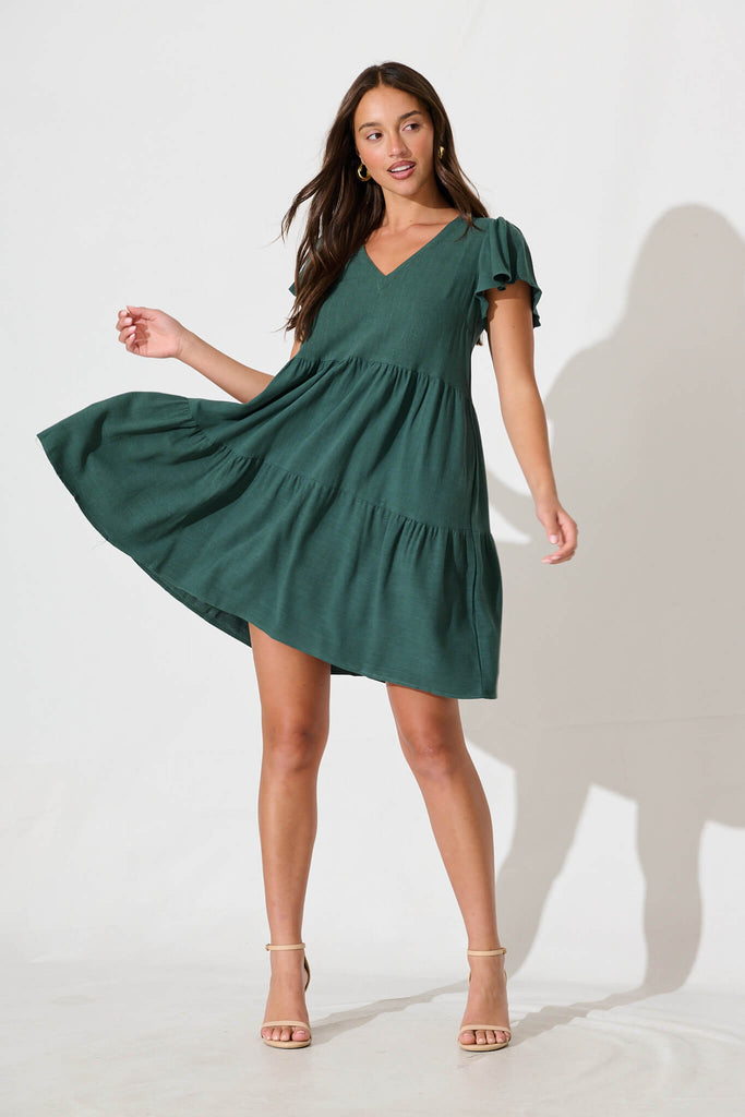 Tahiti Smock Dress In Green Linen Blend