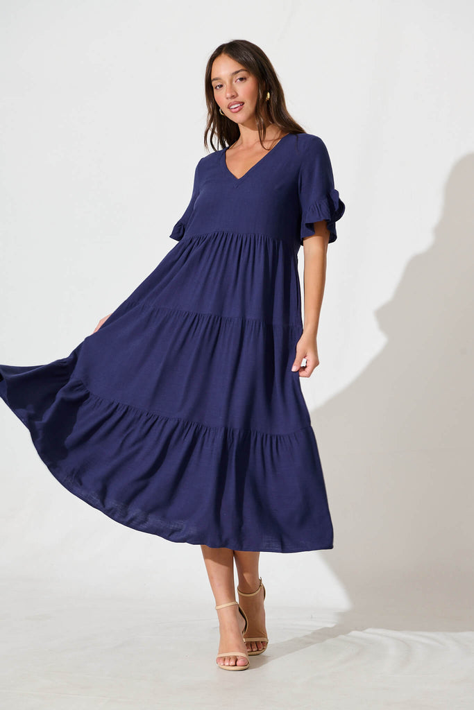 Kristen Midi Smock Dress In Navy Linen Blend