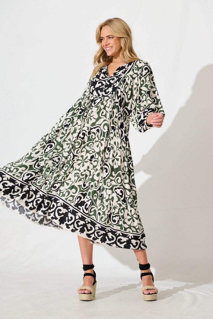 Barrymore Midi Smock Dress in Black and Green Print