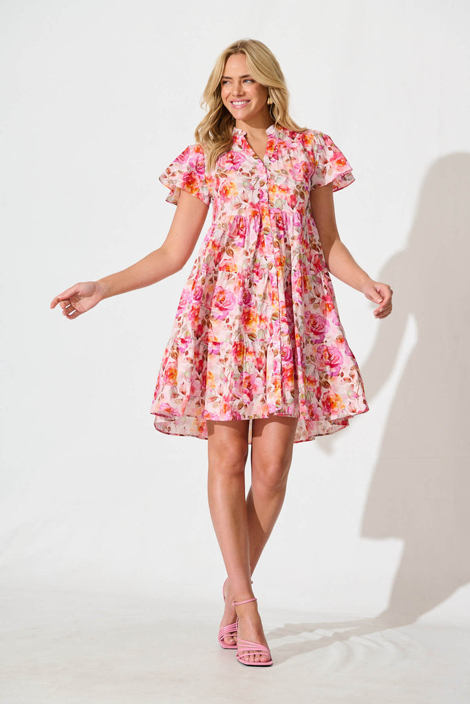 Saldana Smock Dress In Pink with Purple Floral Cotton