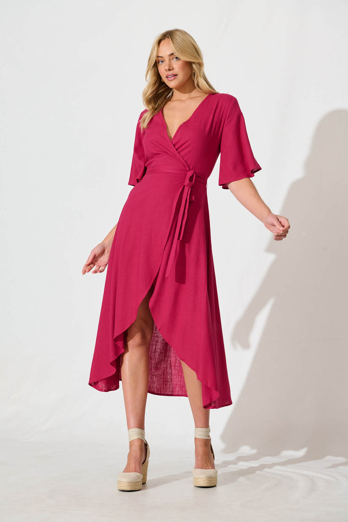 Bellerose Midi Wrap Dress In Raspberry Linen Blend