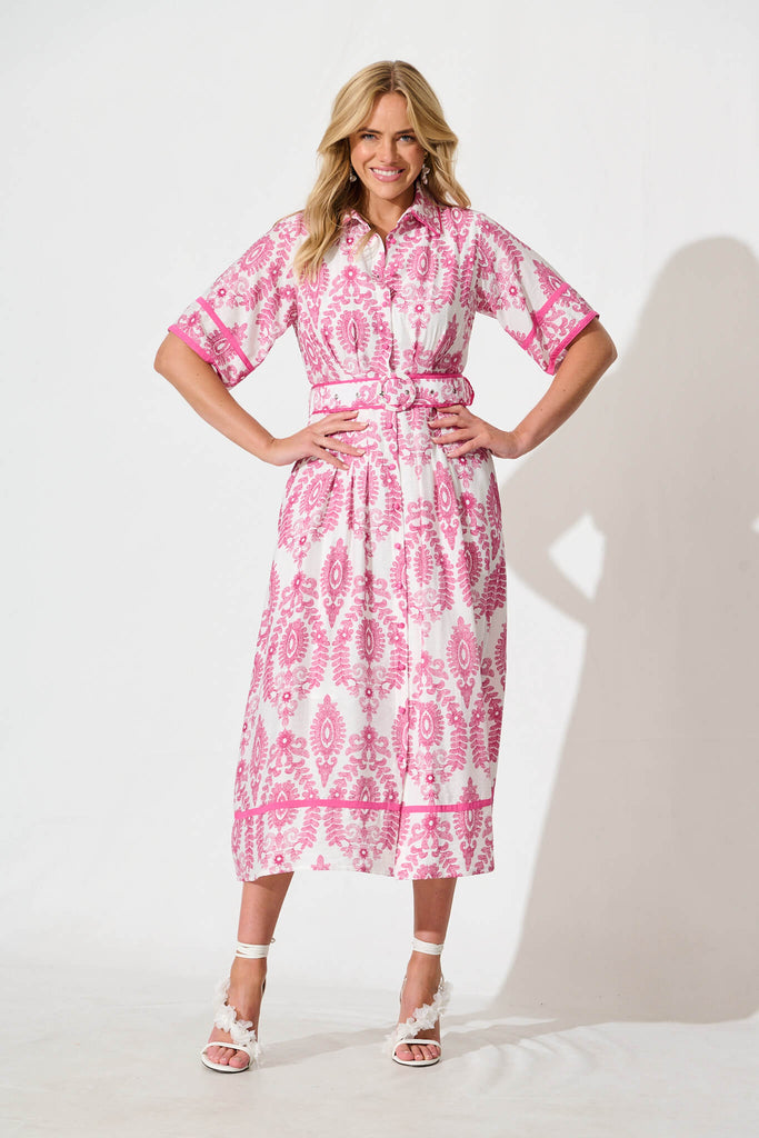 Rosella Midi Shirt Dress in White with Pink Floral Print