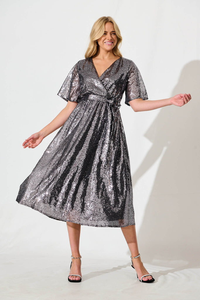 PRE ORDER Winslet Midi Dress In Graphite Sequin