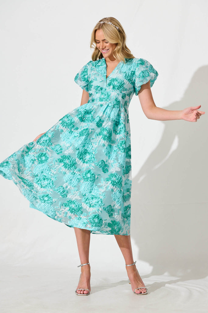 Cherish Midi Dress in Aqua Floral Organza Jacquard