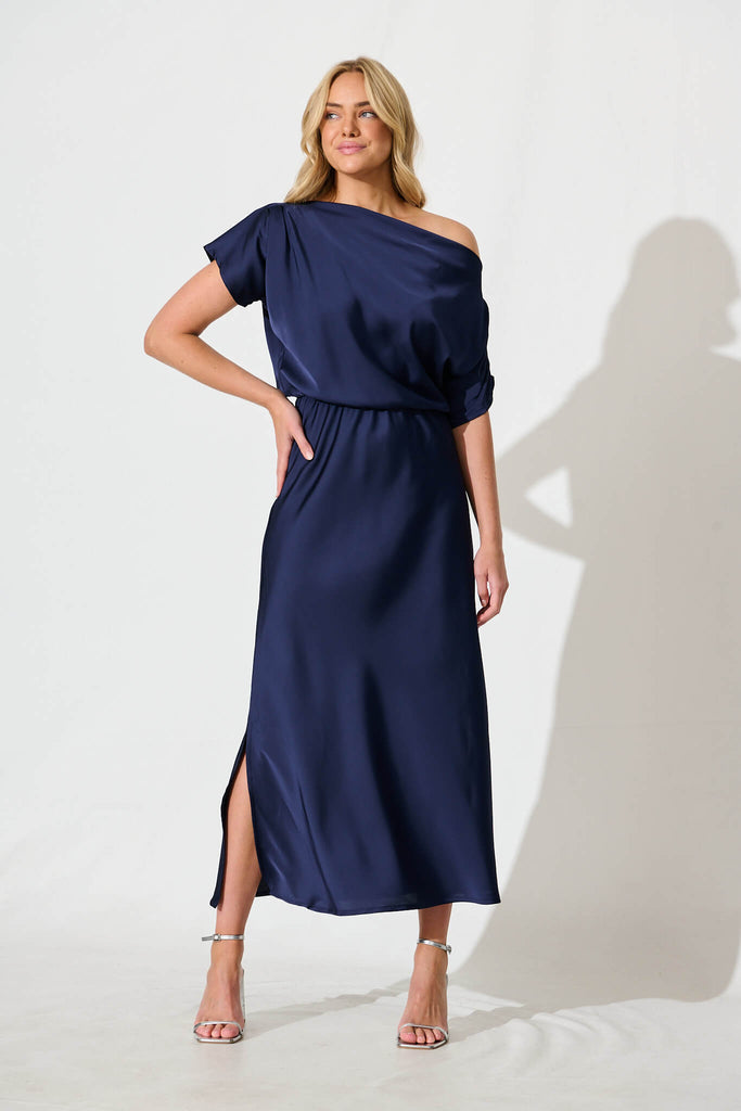 Sarita Maxi Off Shoulder Dress in Navy Satin