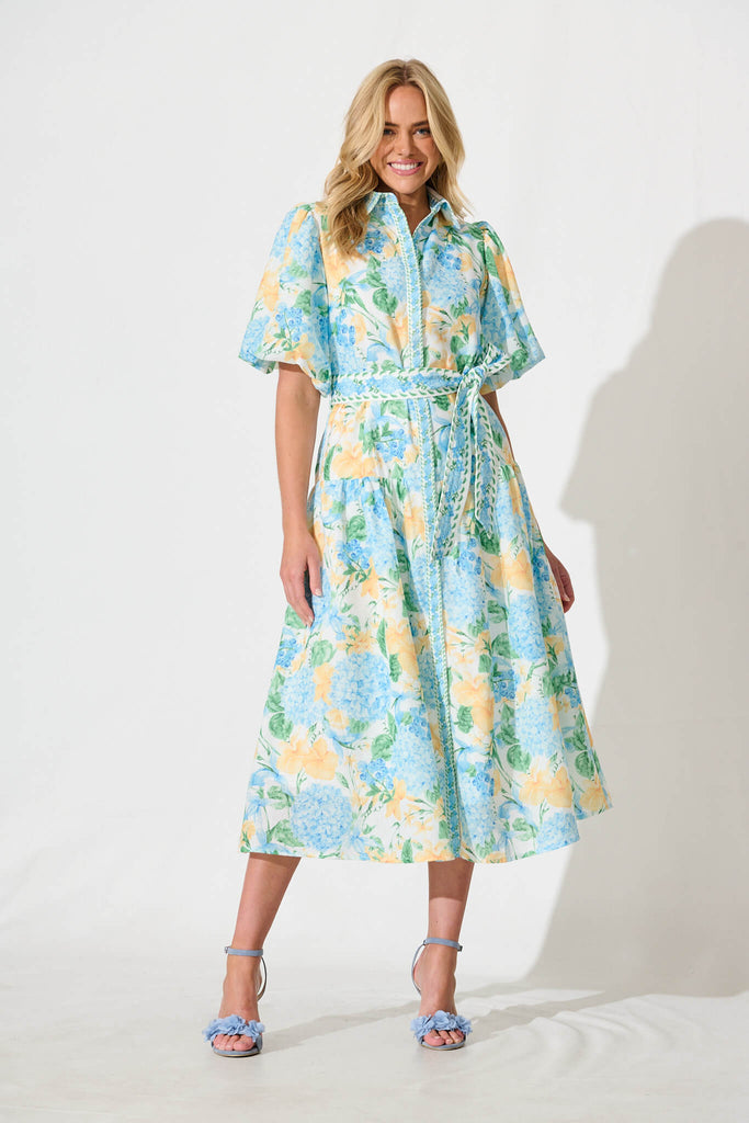 Lovelife Maxi Shirt Dress In Blue Yellow Floral Linen Blend