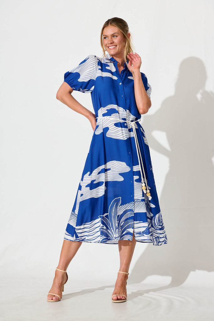 Dearest Midi Shirt Dress in Blue with White Print