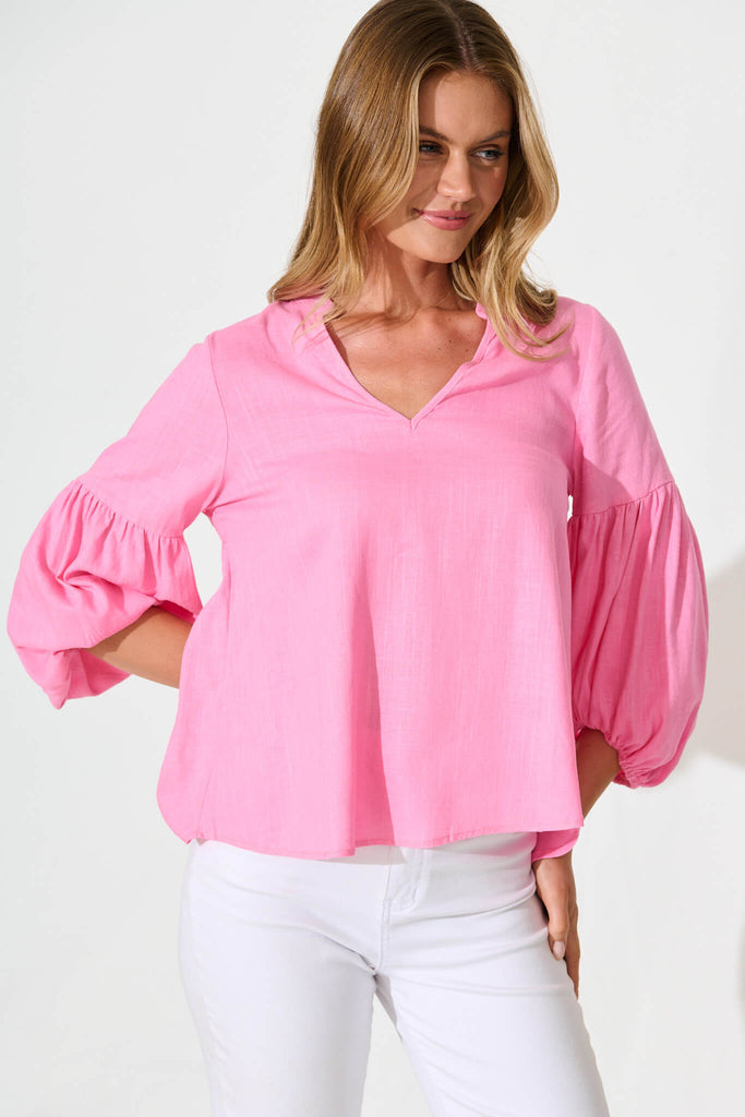 Jasper Top In Candy Pink Linen Blend