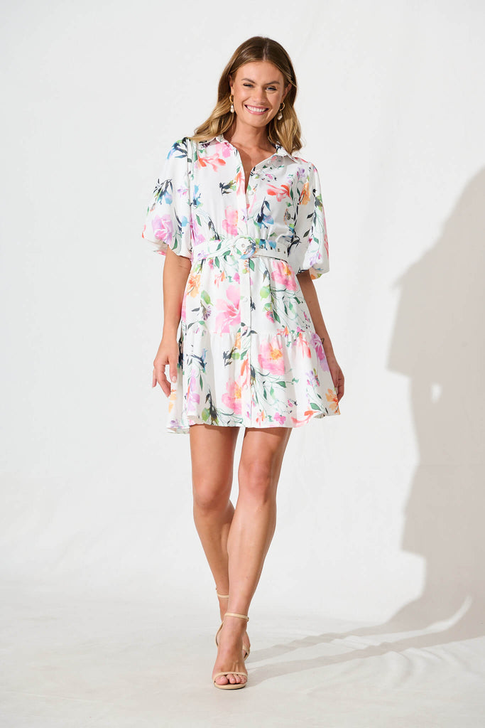 Courtney Shirt Dress In White With Multi Floral