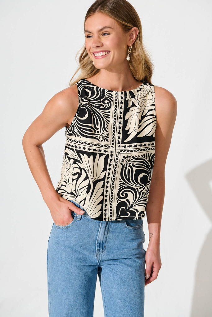 Ronnie Top in Black with Cream Tile Print