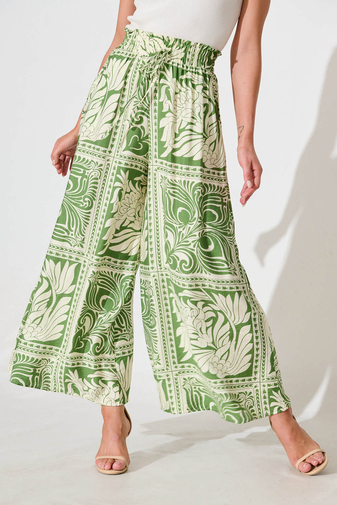 Goldie Wide Leg Pant in Green and White Tile Print