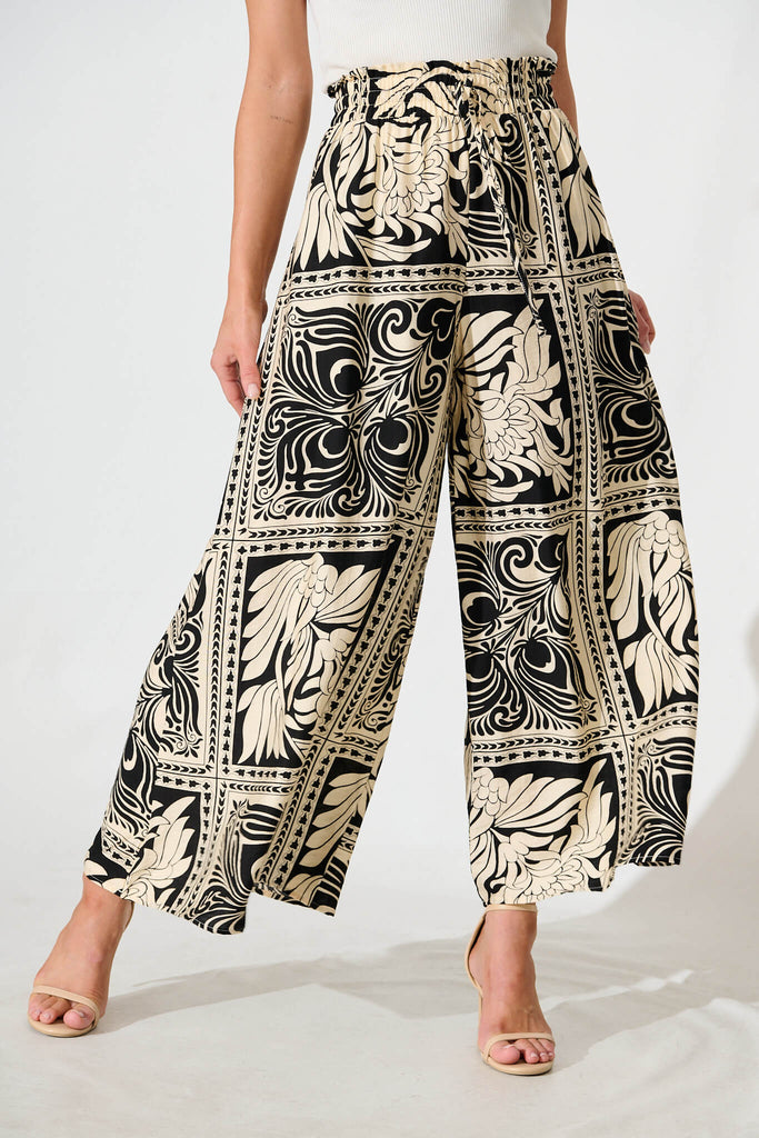 Goldie Wide Leg Pant in Black with Cream Tile Print