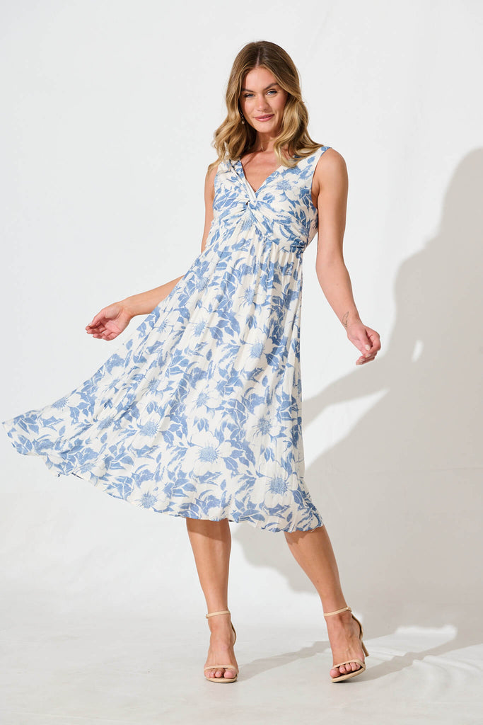 Xanthia Midi Dress in White with Blue Flower