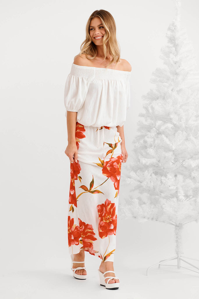 Tamina Maxi Skirt in White With Red Flower Linen Blend