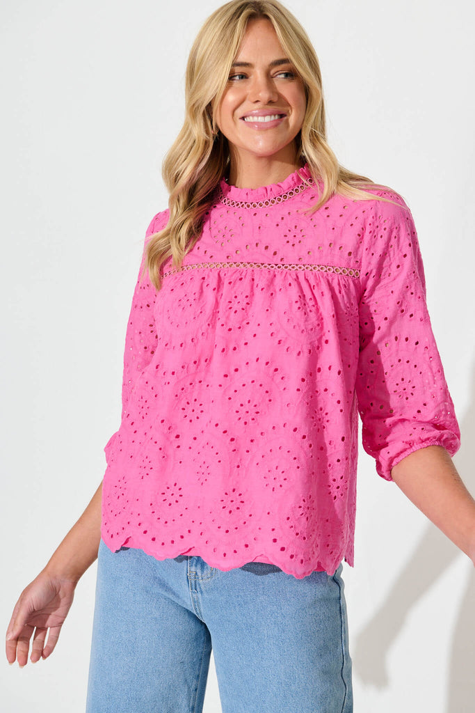 Donia Top In Pink Embroidery Cotton