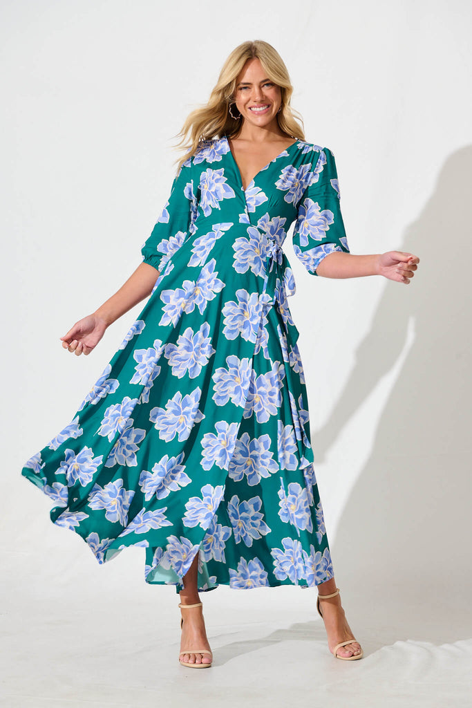 Ronda Maxi Wrap Dress In Emerald With Blue Floral