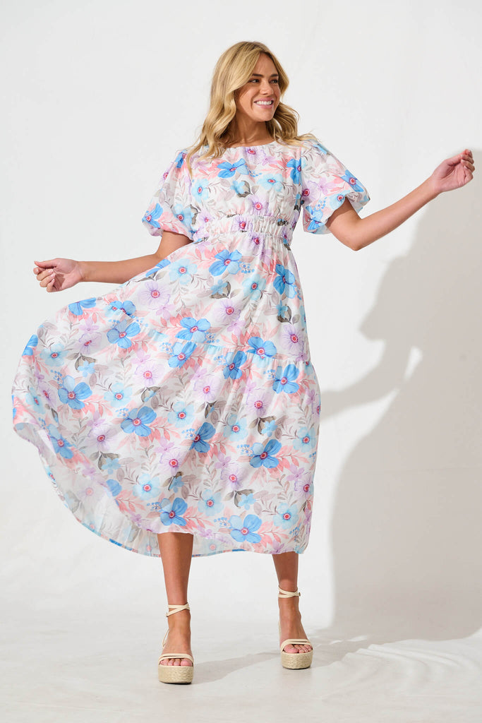 Stargazer Midi Dress in Multi Blue Floral Cotton Blend