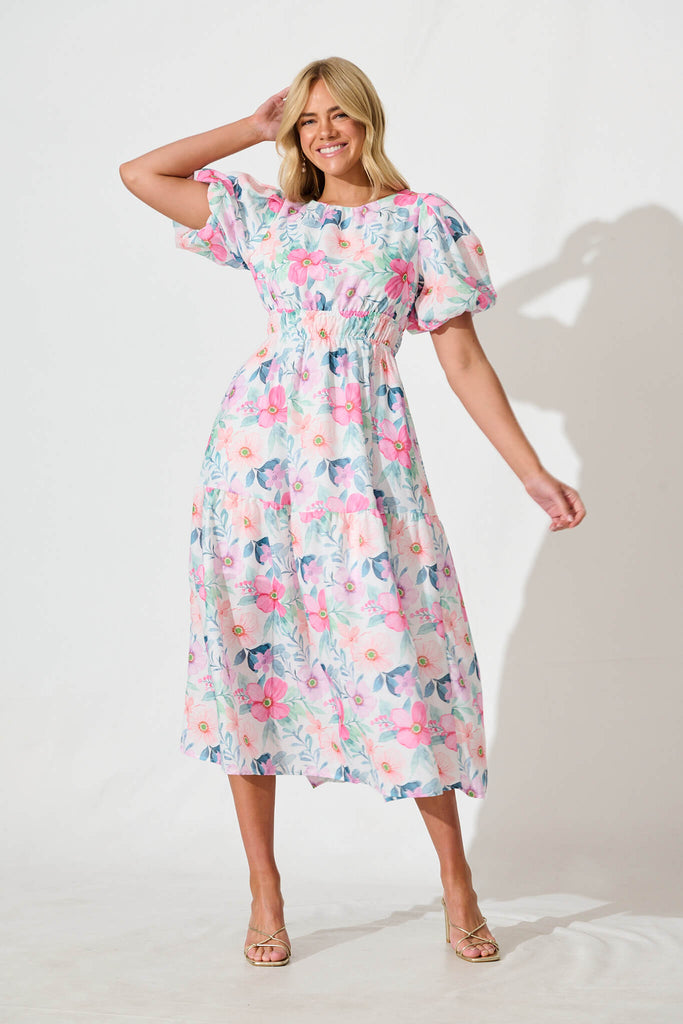 Stargazer Midi Dress in Multi Pink Floral Cotton Blend