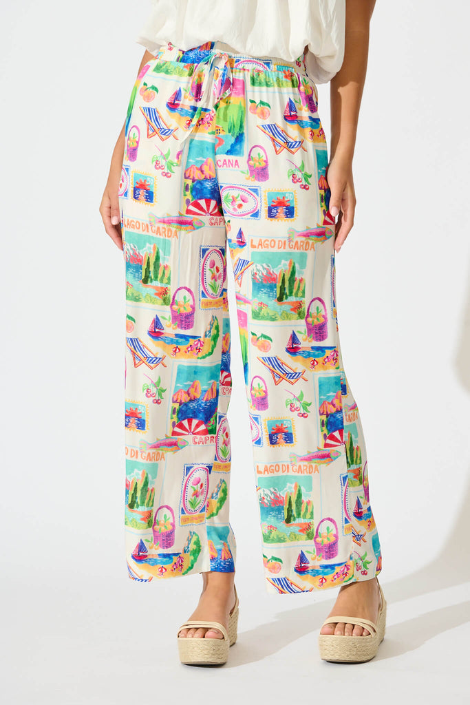 Eldrige Pant In White With Bright Resort Print